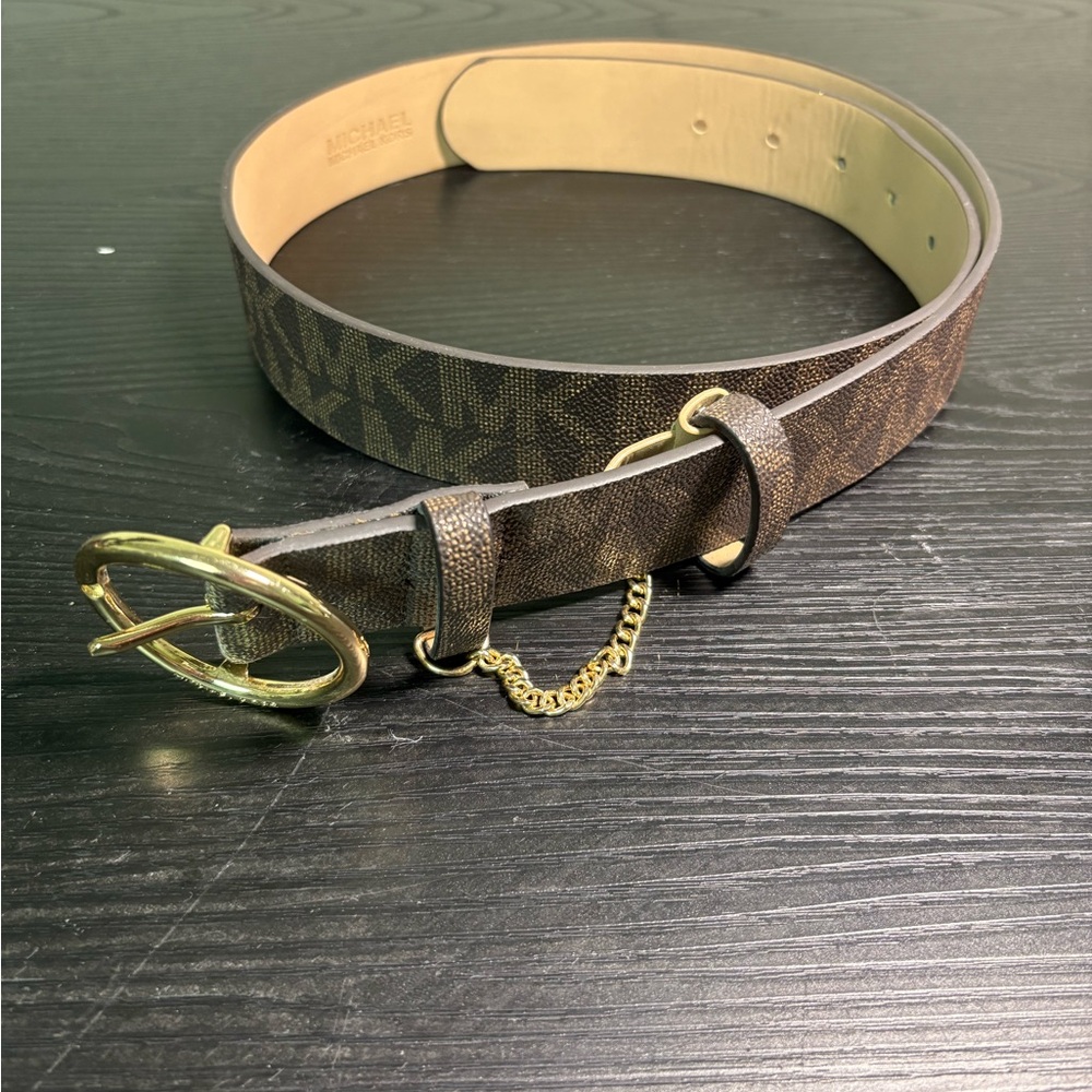 Michael Kors Gold and Brown Leather Belt Size Medium